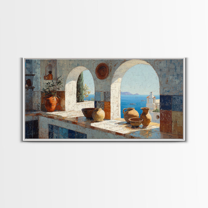 Mediterranean Arch Framing Blue Sea Framed Canvas Print, Italian Villa Art, Digital Download Art, Living Room Decor, Villa, IVA-2x1-100