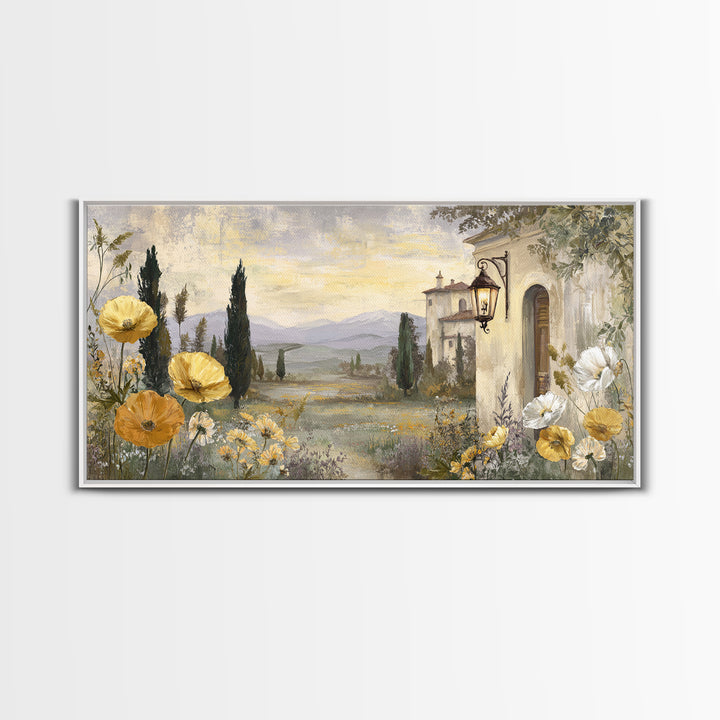 Tuscan Poppy Field Framed Canvas Print, Italian Villa Art, Landscape Painting, Living Room Decor, Villa, Digital Art Print, IVA-2x1-11