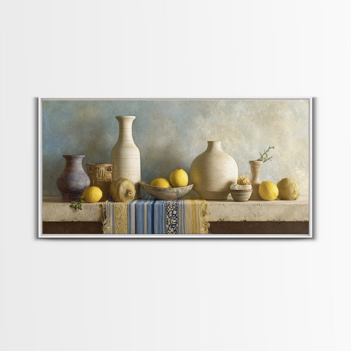 Coastal Lemons and Striped Cloth Arrangement Framed Canvas Print, Italian Villa Art, Modern Decor, Living Room Decor, Villa, IVA-2x1-20