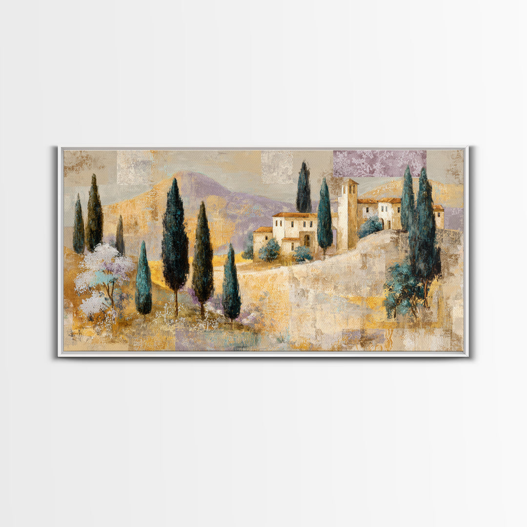 Tuscan Hillside with Cypress Trees and Golden Canvas Print, Italian Villa Art, Living Room Decor, Oil Painting, Villa, IVA-2x1-21