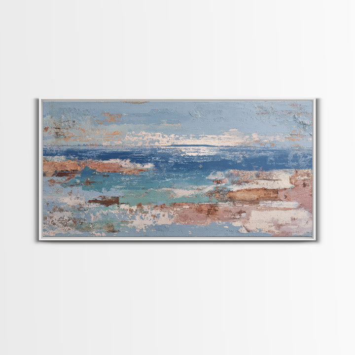 Mediterranean Arch Framing Blue Sea Framed Canvas Print, Italian Villa Art, Textured Painting, Living Room Decor, Villa, IVA-2x1-28