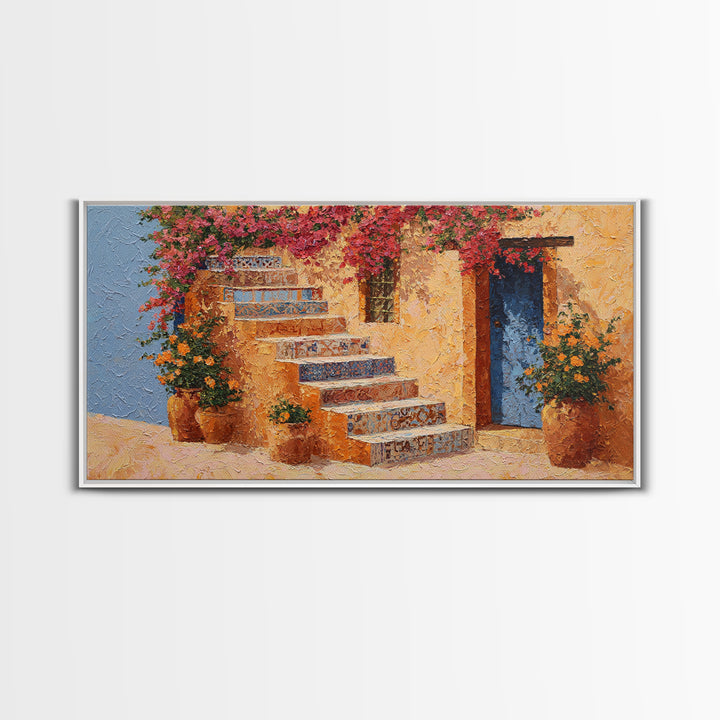 Sunlit Stone Stairway Canvas Print, Italian Villa Art, Original Painting, Living Room Decor, Villa, Landscape Painting, IVA-2x1-31