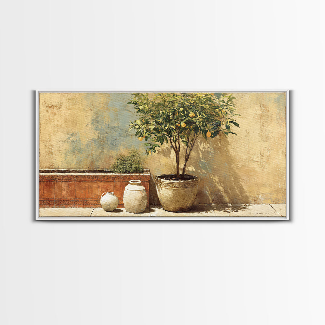 Orange Tree in a Courtyard Planter Framed Canvas Print, Italian Villa Art, Home Decor, Living Room Decor, Fine Art, Villa, IVA-2x1-34