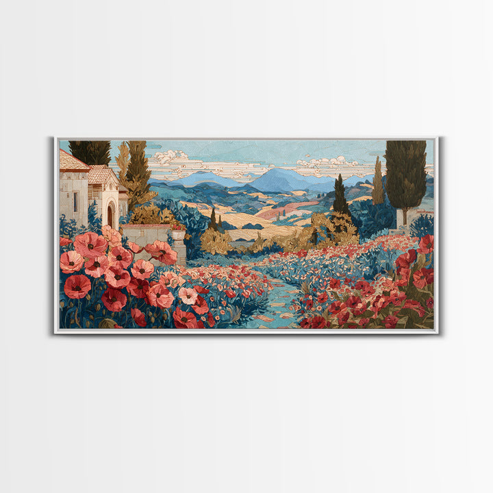 Tuscan Poppy Field Framed Canvas Print, Italian Villa Art, Boho Decor, Living Room Decor, Oil Painting, Villa, Digital Wall Art, IVA-2x1-35