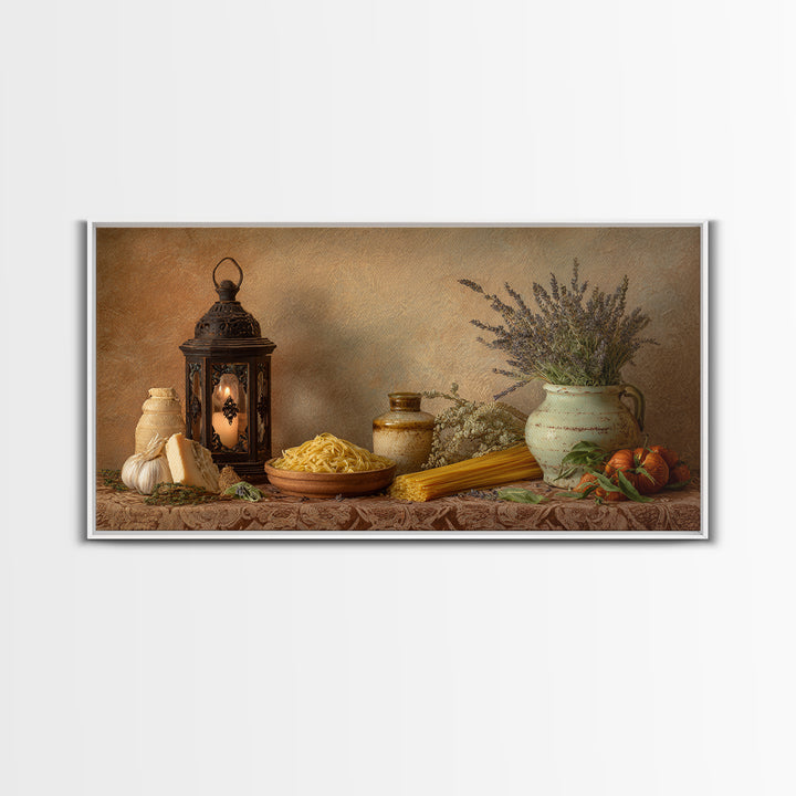 Pasta Herbs and Tomatoes Still Life Canvas Print, Italian Villa Art, Minimalist Decor, Living Room Decor, Oil Painting, Villa, IVA-2x1-39