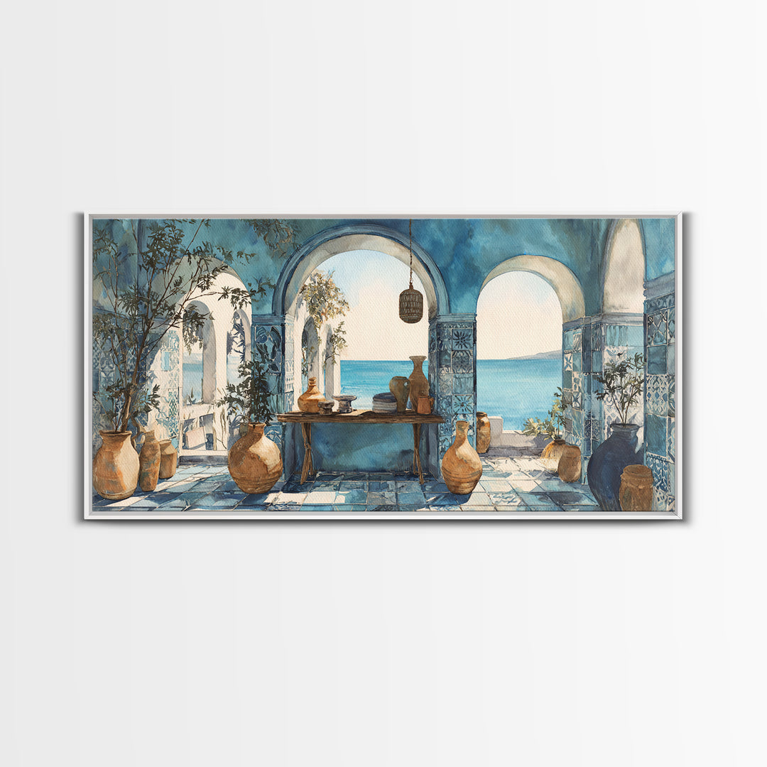 Mediterranean Arch Framing Blue Sea Canvas Print, Italian Villa Art, Statement Artwork, Living Room Decor, Fine Art, Villa, IVA-2x1-4