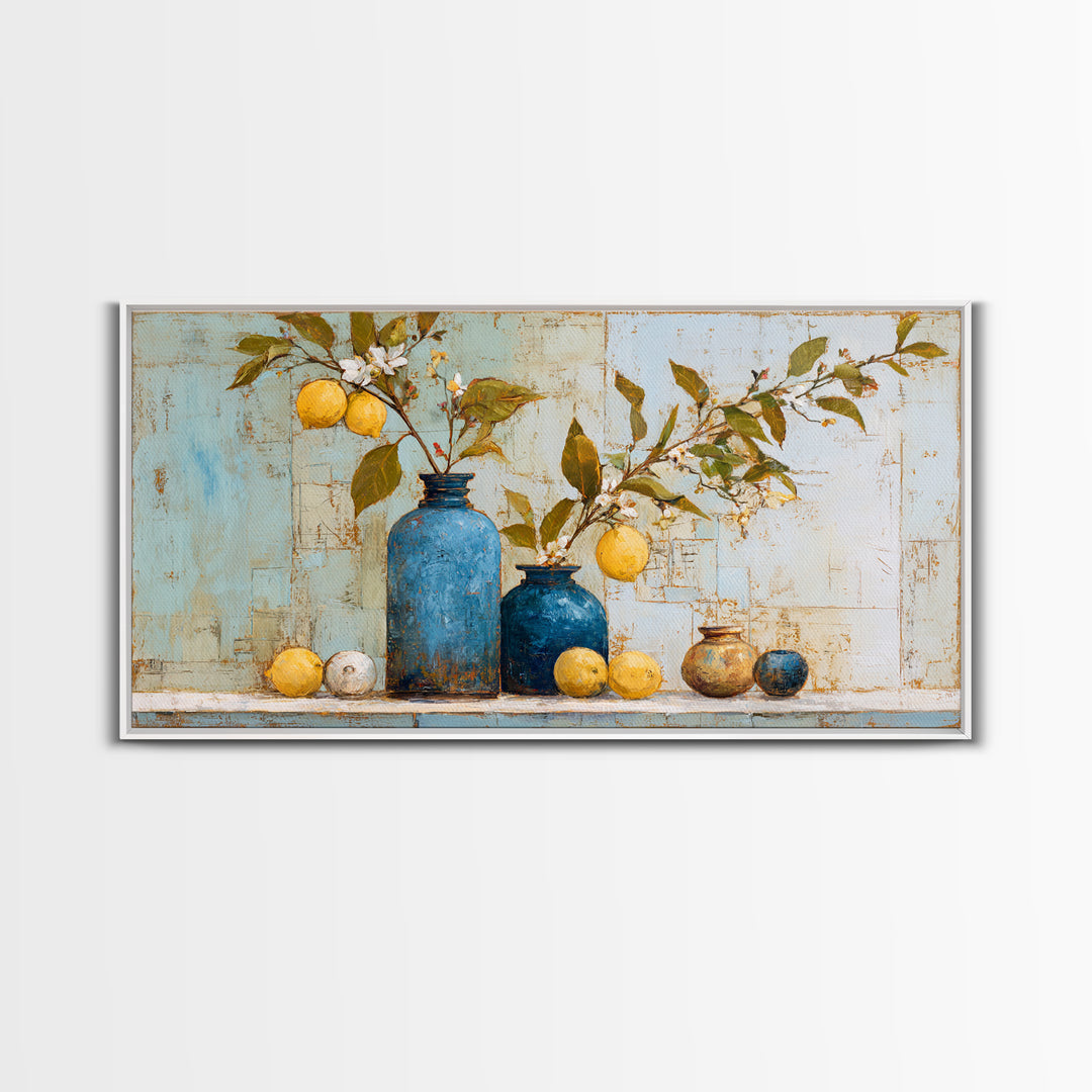 Lemon Branch in Blue Ceramic Vase Framed Canvas Print, Italian Villa Art, Neutral Decor, Living Room Decor, Fine Art, Villa, IVA-2x1-46