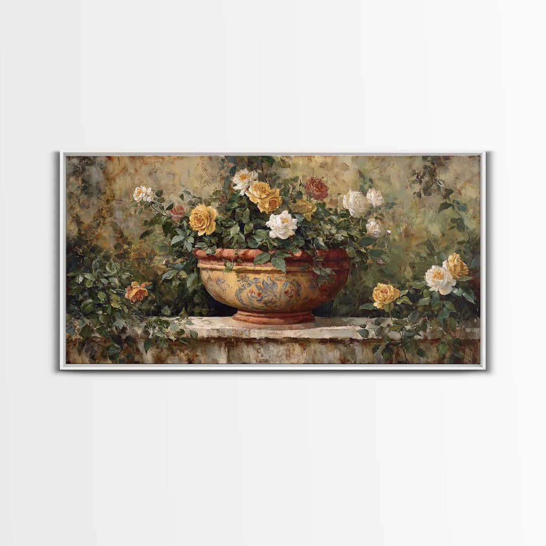 Italian Villa Garden Urn Framed Canvas Print, Italian Villa Art, Modern Decor, Living Room Decor, Oil Painting, Villa, IVA-2x1-50