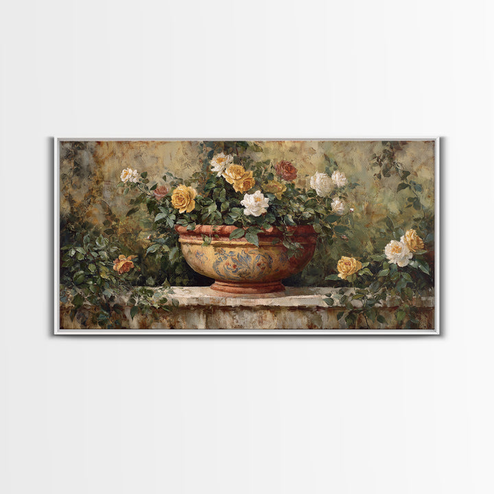 Italian Villa Garden Urn Framed Canvas Print, Italian Villa Art, Modern Decor, Living Room Decor, Oil Painting, Villa, IVA-2x1-50