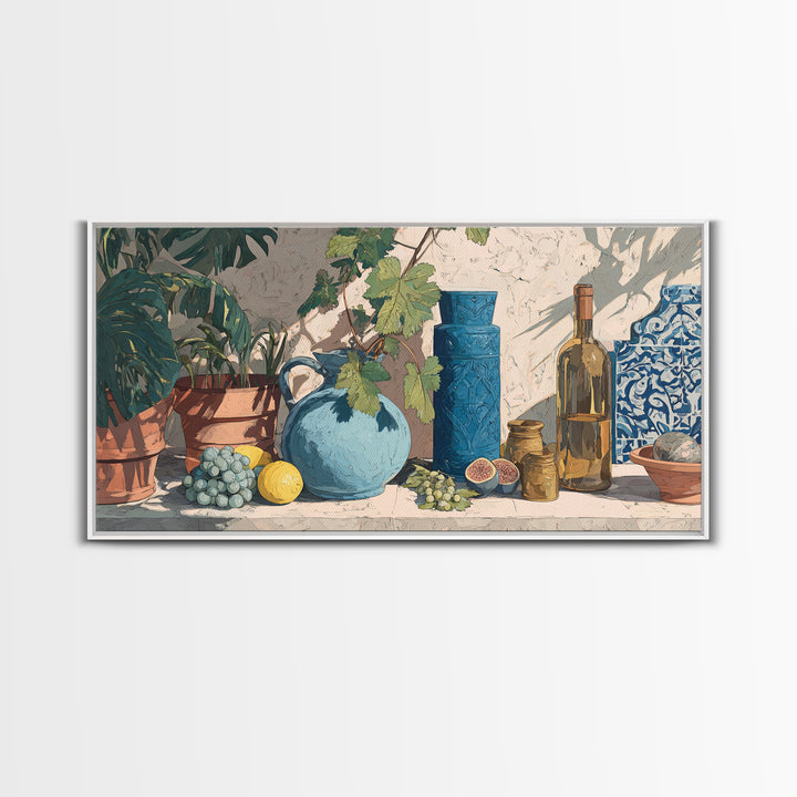 Grapevine and Wine Still Life on Linen Framed Canvas Print, Italian Villa Art, Printable Art, Living Room Decor, Abstract Art, IVA-2x1-51