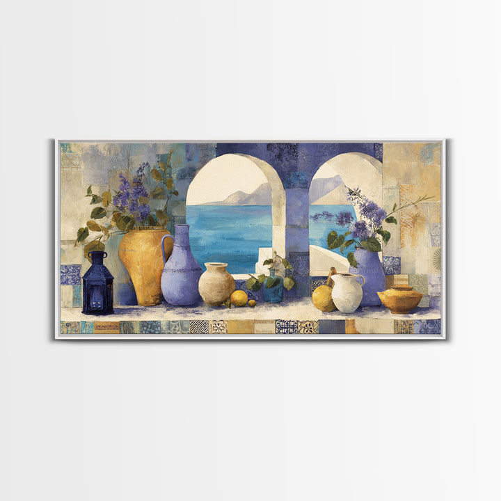 Mediterranean Arch Framing Blue Sea Canvas Print, Italian Villa Art, Original Painting, Living Room Decor, Fine Art, Villa, IVA-2x1-52