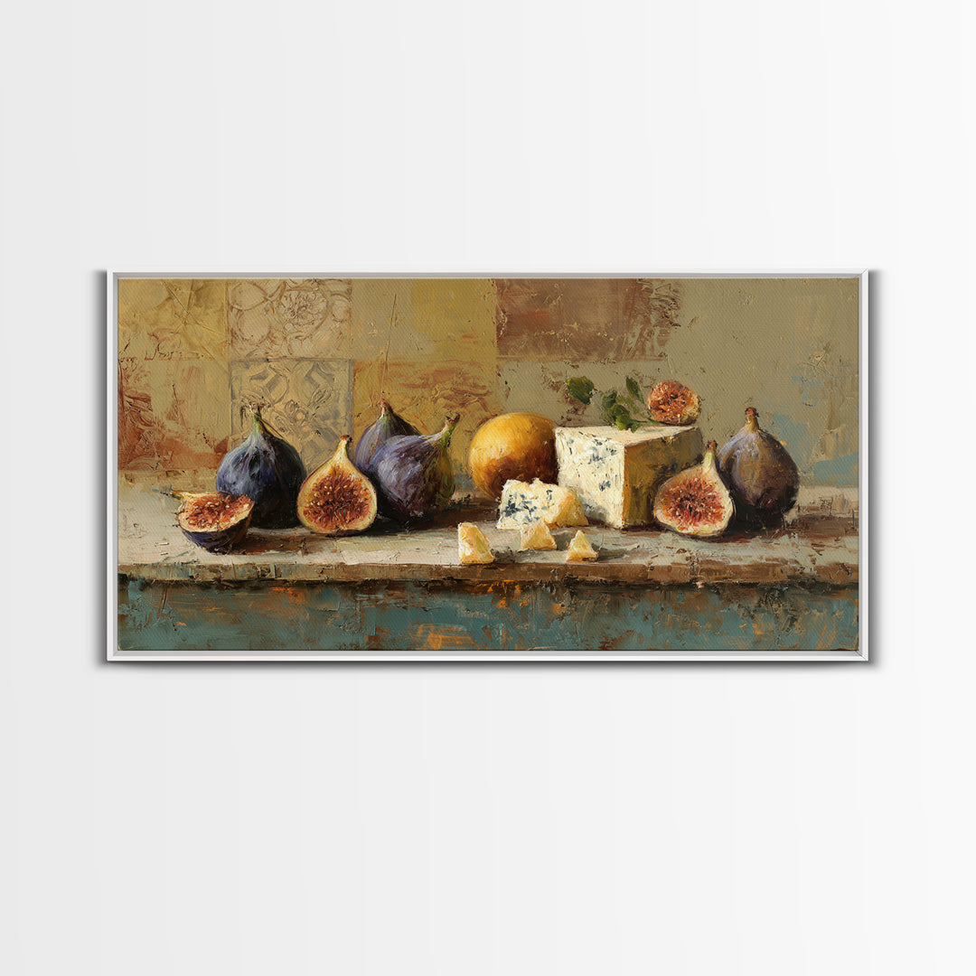 Figs and Cheese on Rustic Wooden Board Canvas Print, Italian Villa Art, Art Print, Living Room Decor, Oil Painting, Villa, IVA-2x1-53