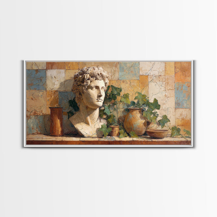 Classic Roman Statue Bust Framed Canvas Print, Italian Villa Art, Oil Painting, Living Room Decor, Villa, Farmhouse Wall Art, IVA-2x1-56