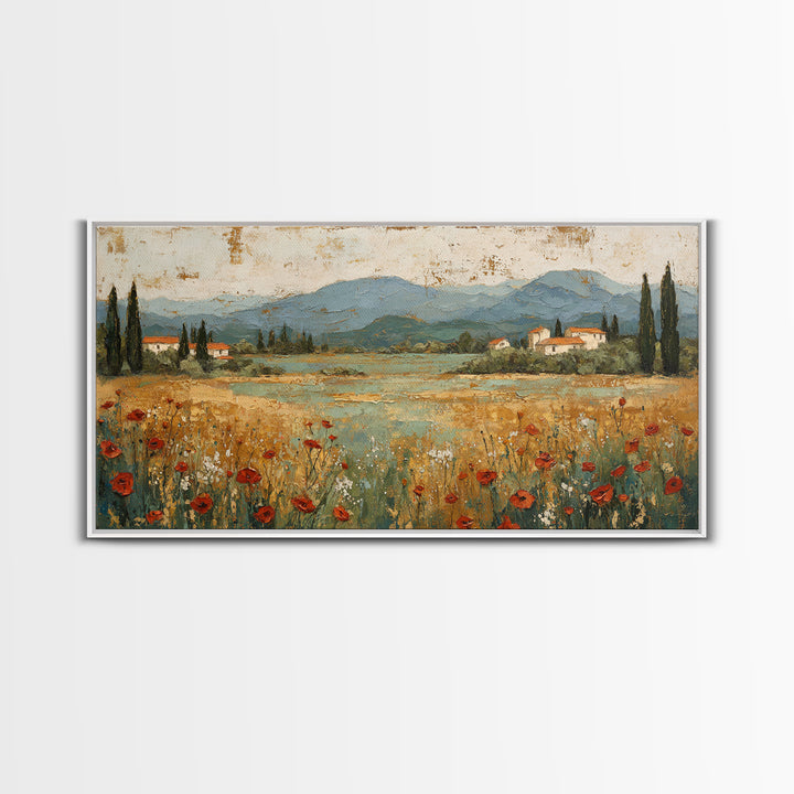 Tuscan Poppy Field Framed Canvas Print, Italian Villa Art, Landscape Painting, Living Room Decor, Watercolor Art, Villa, IVA-2x1-59