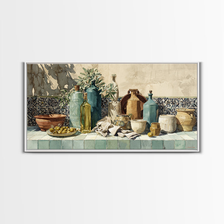 White Wine and Olives Still Life Framed Canvas Print, Italian Villa Art, Digital Wall Art, Living Room Decor, Oil Painting, IVA-2x1-60