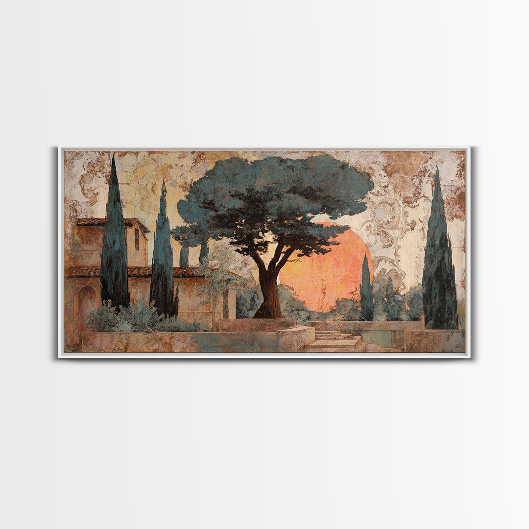 Cypress Silhouette at Sunset Framed Canvas Print, Italian Villa Art, Boho Decor, Living Room Decor, Abstract Art, Villa, IVA-2x1-65