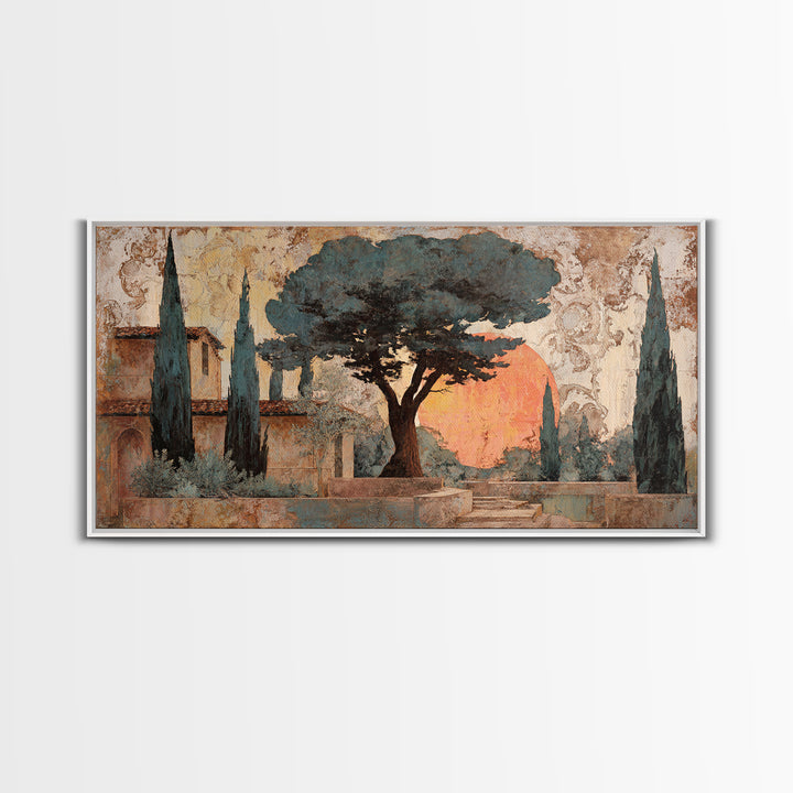 Cypress Silhouette at Sunset Framed Canvas Print, Italian Villa Art, Boho Decor, Living Room Decor, Abstract Art, Villa, IVA-2x1-65