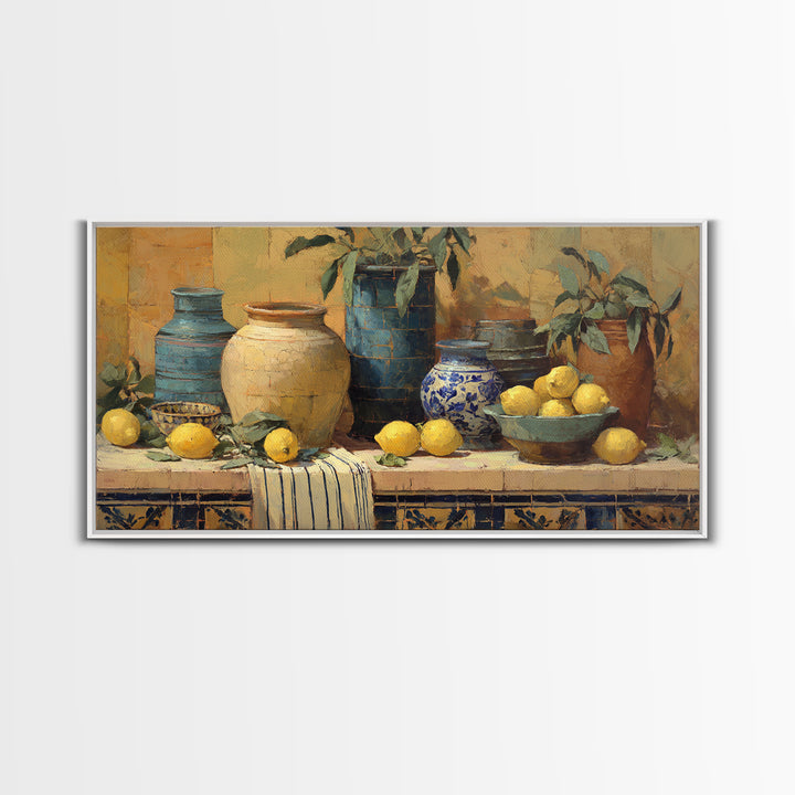 Coastal Lemons and Striped Cloth Arrangement Canvas Print, Italian Villa Art, Framed Wall Art, Living Room Decor, IVA-2x1-68