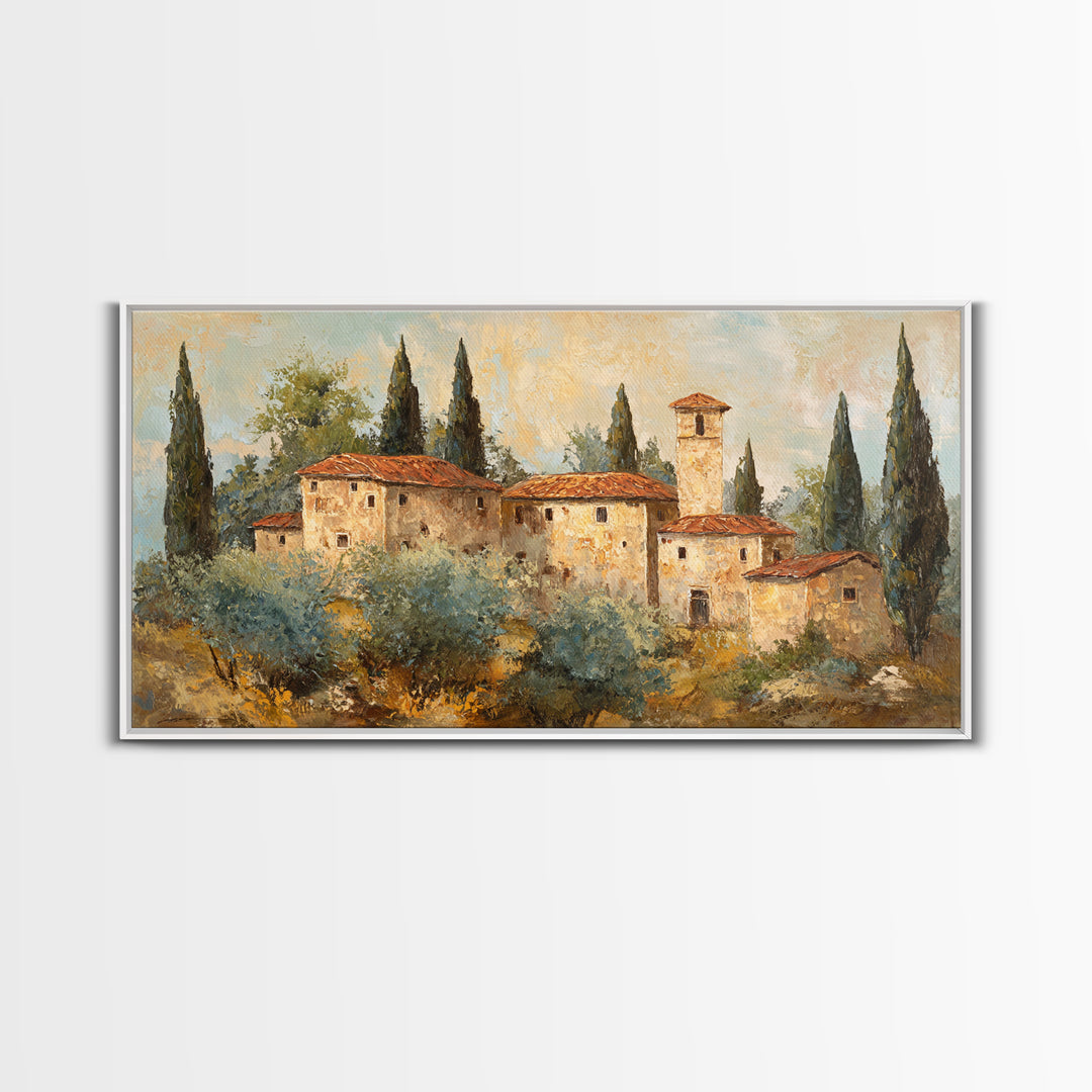 Tuscan Hillside with Cypress Trees and Golden Canvas Print, Italian Villa Art, Minimalist Decor, Living Room Decor, Villa, IVA-2x1-69