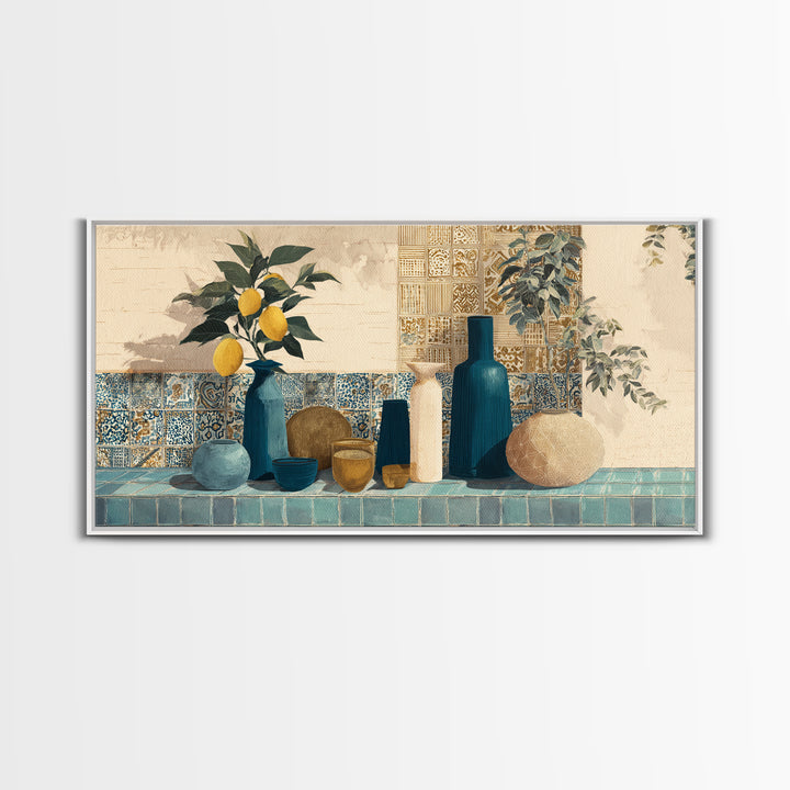 Lemon Branch in Blue Ceramic Vase Canvas Print, Italian Villa Art, Luxury Decor, Living Room Decor, Oil Painting, Villa, IVA-2x1-70