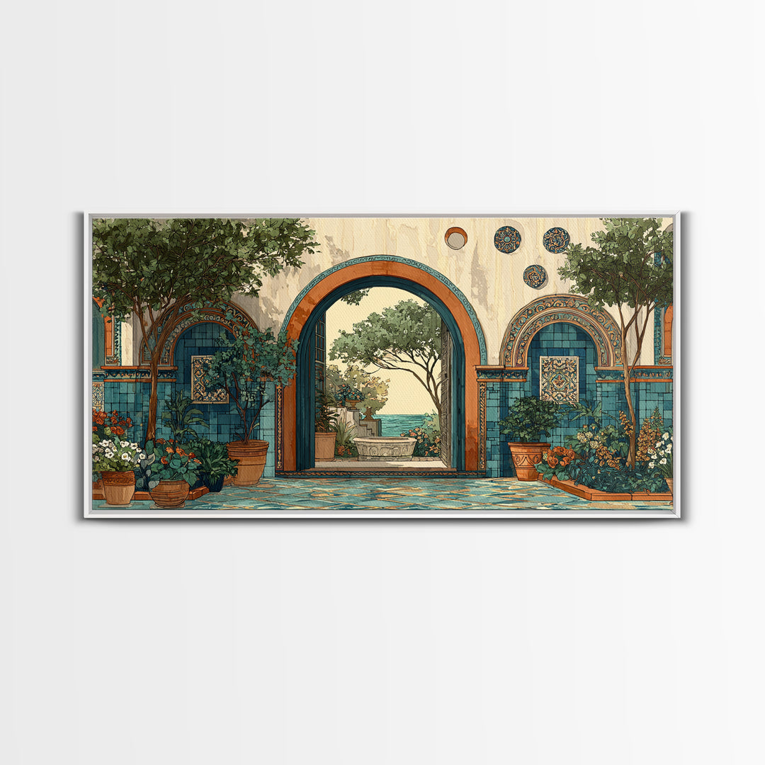 Mediterranean Arch Framing Blue Sea Canvas Print, Italian Villa Art, Coastal Decor, Living Room Decor, Fine Art, Villa, IVA-2x1-76