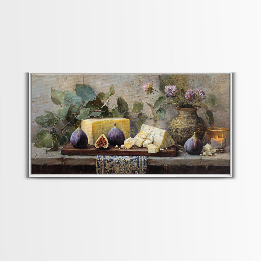 Figs and Cheese on Rustic Wooden Board Canvas Print, Italian Villa Art, Art Print, Living Room Decor, Oil Painting, Villa, IVA-2x1-77