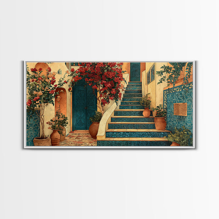 Sunlit Stone Stairway Framed Canvas Print, Italian Villa Art, Digital Download Art, Living Room Decor, Fine Art, Villa, IVA-2x1-79