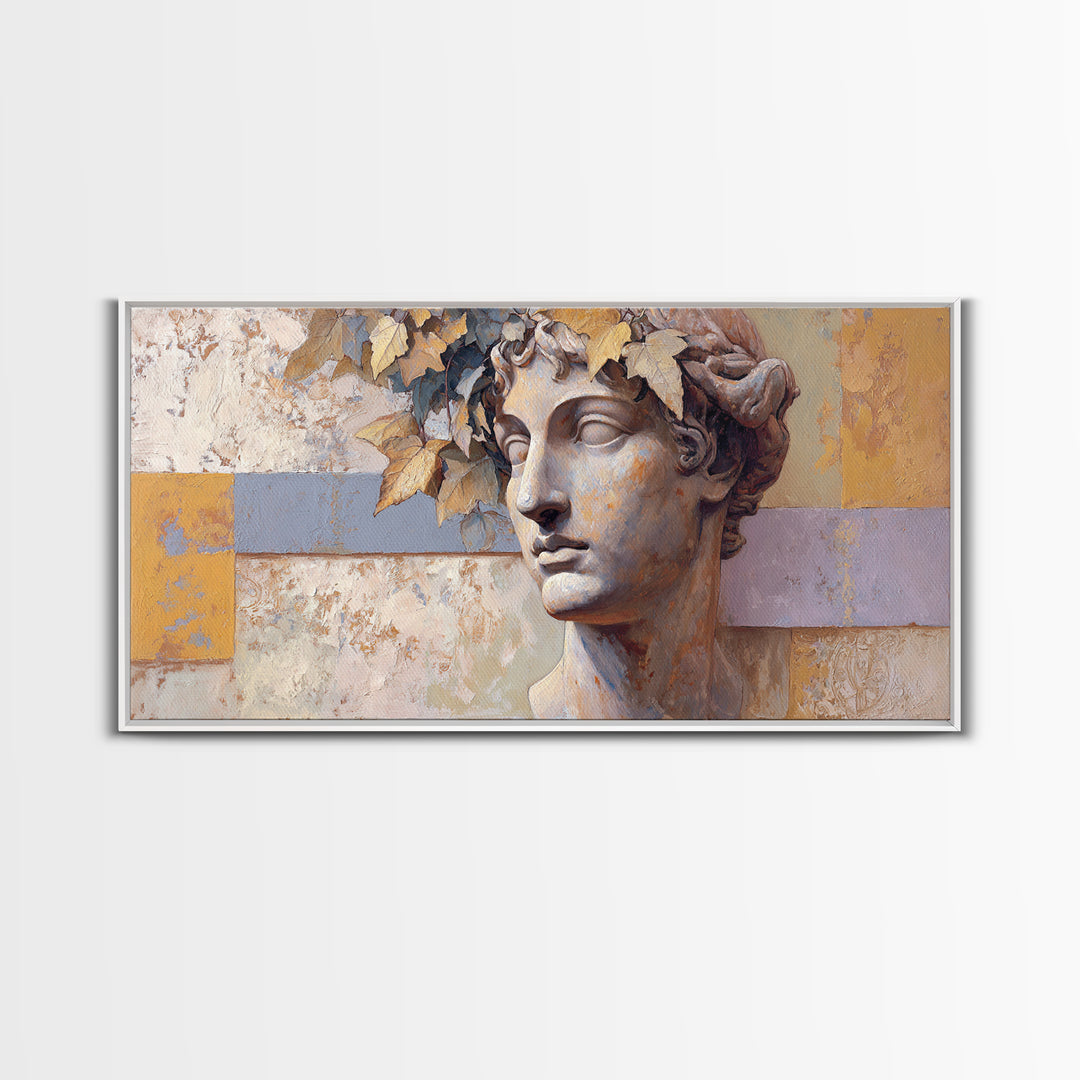 Classic Roman Statue Bust Framed Canvas Print, Italian Villa Art, Landscape Painting, Living Room Decor, Fine Art, Villa, IVA-2x1-80