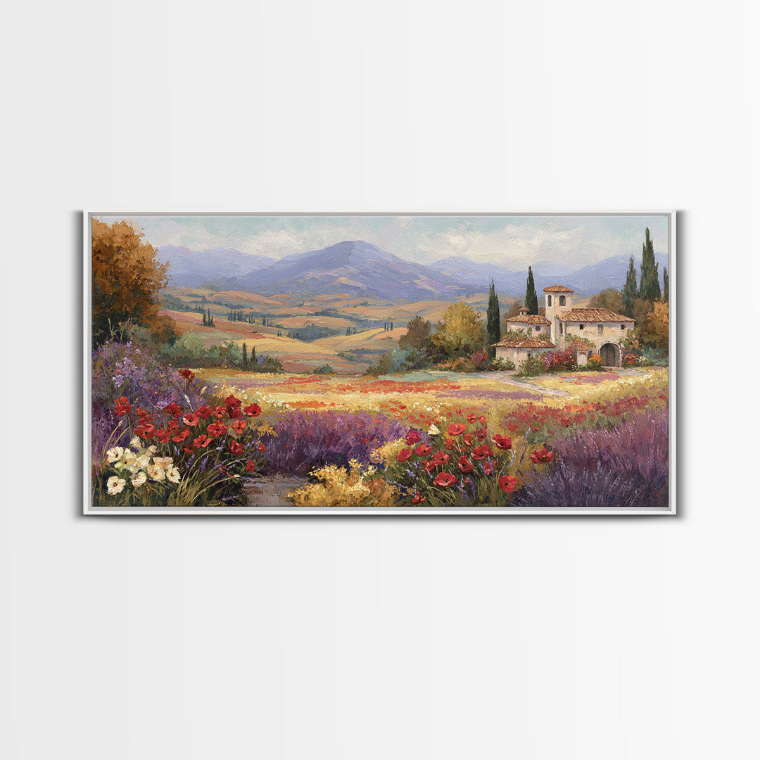 Tuscan Poppy Field Framed Canvas Print, Italian Villa Art, Boho Decor, Living Room Decor, Fine Art, Villa, Digital Wall Art, IVA-2x1-83