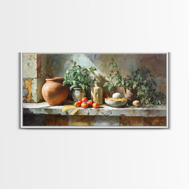 Pasta Herbs and Tomatoes Still Life Framed Canvas Print, Italian Villa Art, Farmhouse Wall Art, Living Room Decor, Villa, IVA-2x1-87