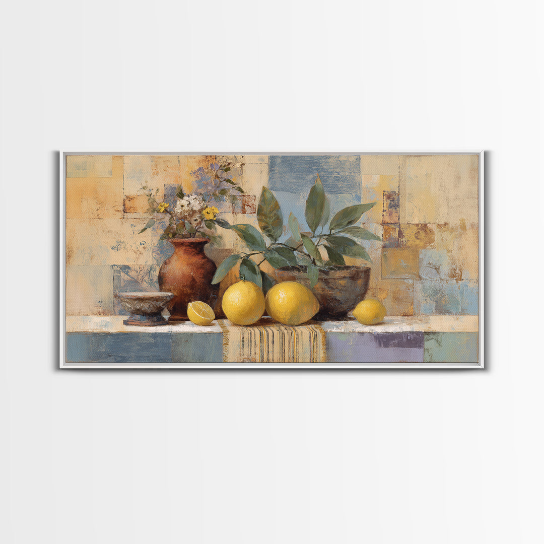 Coastal Lemons and Striped Cloth Arrangement Canvas Print, Italian Villa Art, Bedroom Wall Decor, Living Room Decor, Villa, IVA-2x1-92