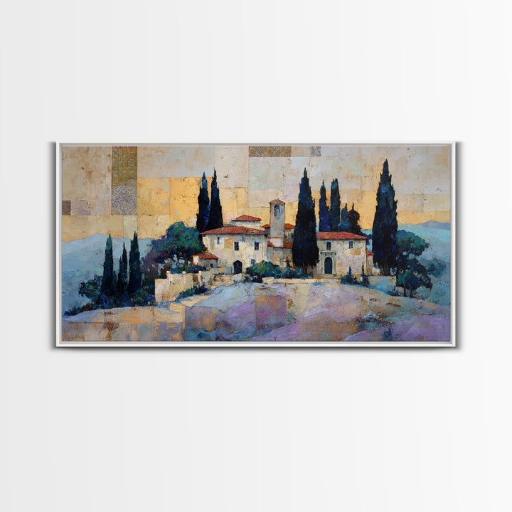 Tuscan Hillside with Cypress Trees and Golden Canvas Print, Italian Villa Art, Minimalist Decor, Living Room Decor, Villa, IVA-2x1-93