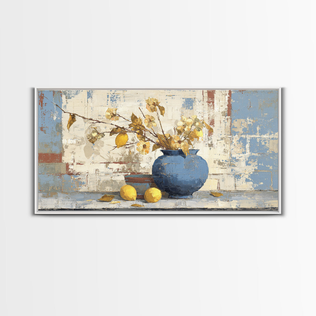 Lemon Branch in Blue Ceramic Vase Canvas Print, Italian Villa Art, Luxury Decor, Living Room Decor, Oil Painting, Villa, IVA-2x1-94