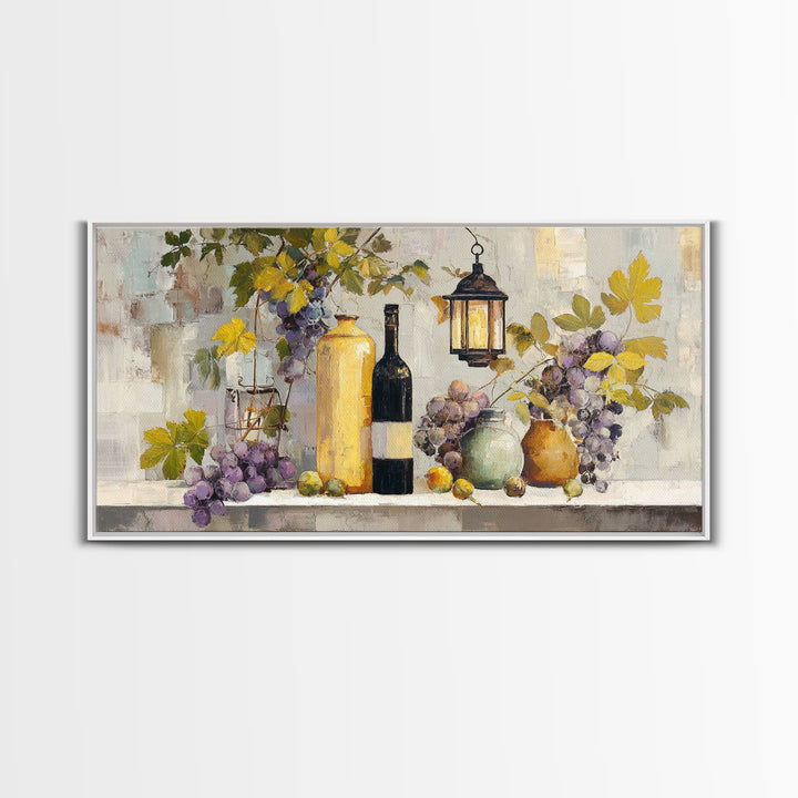 Grapevine and Wine Still Life on Linen Framed Canvas Print, Italian Villa Art, Printable Art, Living Room Decor, Abstract Art, IVA-2x1-99