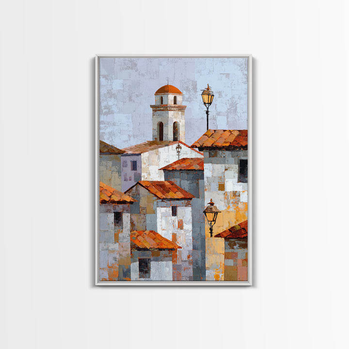 Terracotta Rooftops Against Pale Sky Framed Canvas Print, Italian Villa Art, Digital Art Print, Living Room Decor, Oil Painting, IVA-2x3-12