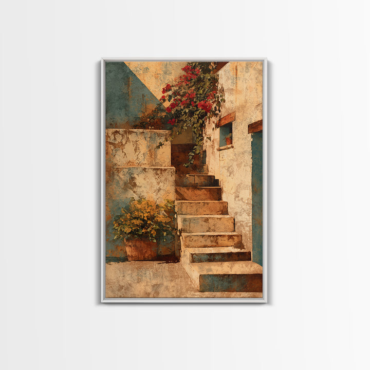 Sunlit Stone Stairway Framed Canvas Print, Italian Villa Art, Bedroom Wall Art, Living Room Decor, Villa, Travel Poster, IVA-2x3-19