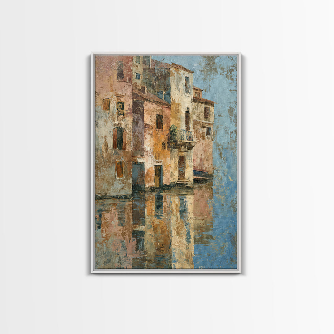 Venetian Canal Reflection Without City Crowd Canvas Print, Italian Villa Art, Textured Painting, Living Room Decor, Villa, IVA-2x3-28