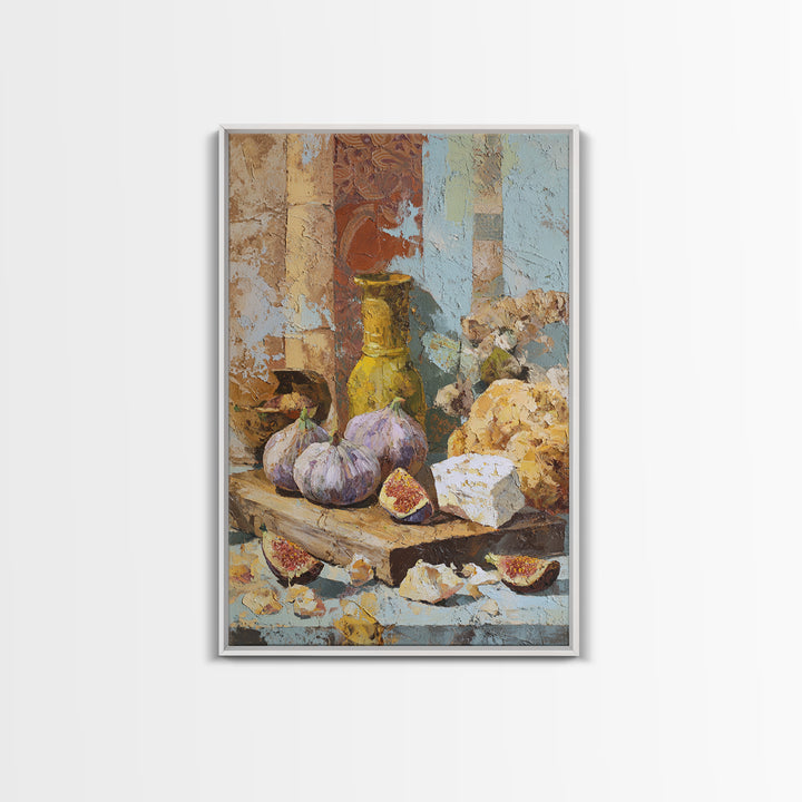 Figs and Cheese on Rustic Wooden Board Framed Canvas Print, Italian Villa Art, Modern Decor, Living Room Decor, Abstract Art, IVA-2x3-41