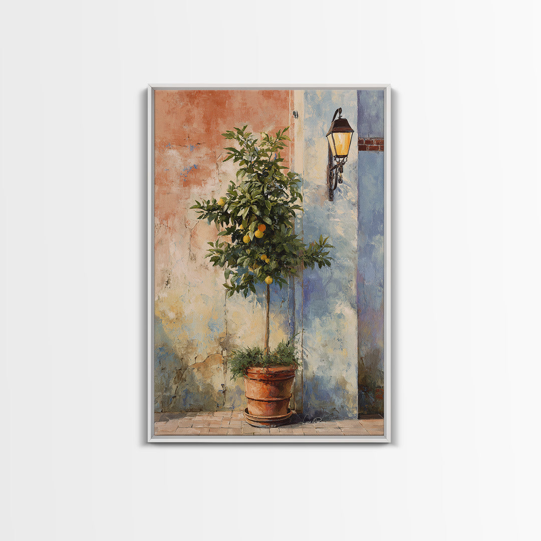 Orange Tree in a Courtyard Planter Framed Canvas Print, Italian Villa Art, Home Decor, Living Room Decor, Fine Art, Villa, IVA-2x3-46