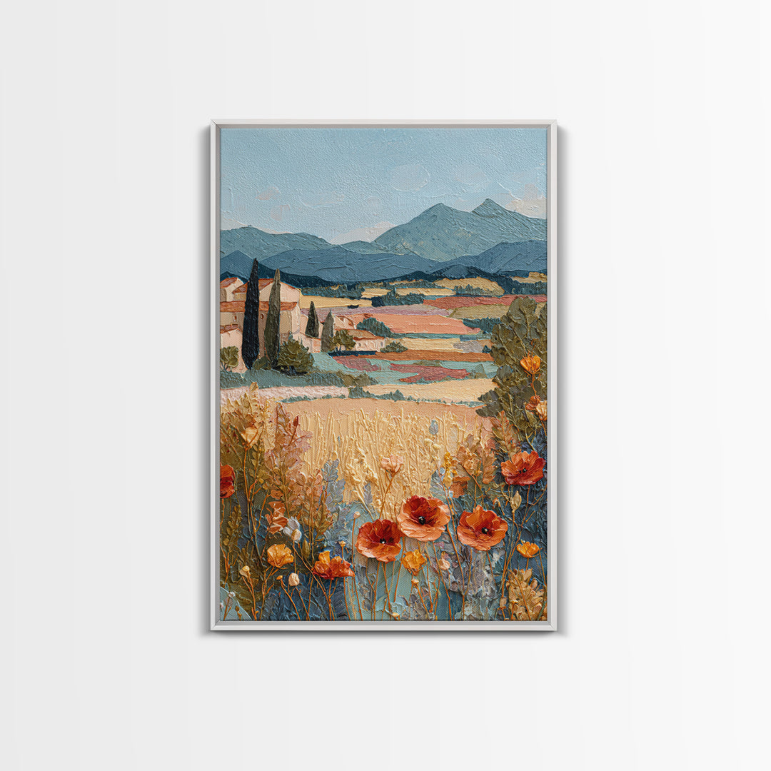 Tuscan Poppy Field Framed Canvas Print, Italian Villa Art, Travel Poster, Living Room Decor, Abstract Art, Villa, IVA-2x3-47