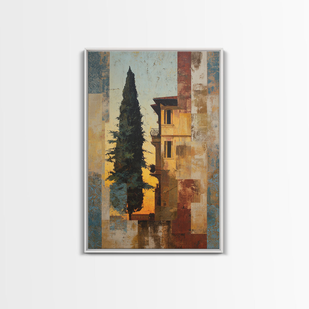 Cypress Silhouette at Sunset Framed Canvas Print, Italian Villa Art, Boho Decor, Living Room Decor, Oil Painting, Villa, IVA-2x3-53