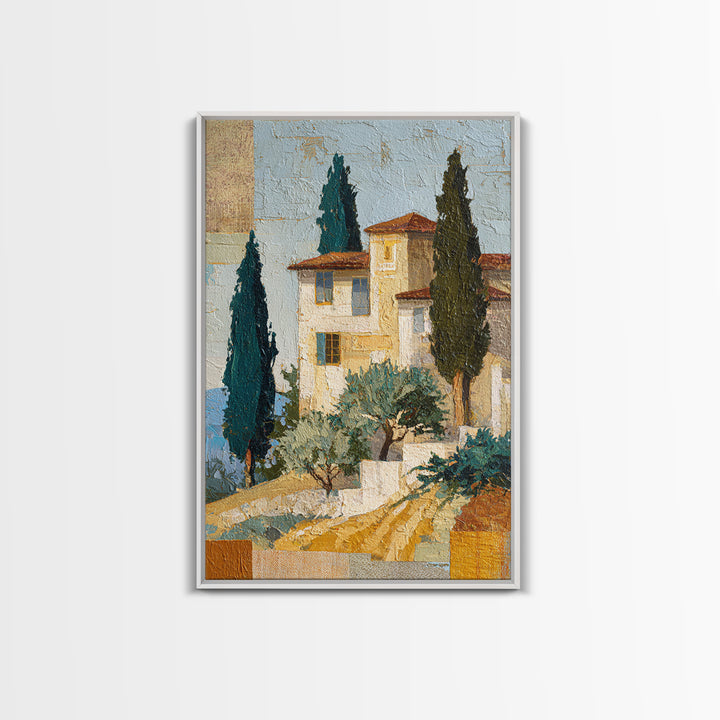 Tuscan Hillside with Cypress Trees and Golden Canvas Print, Italian Villa Art, Minimalist Decor, Living Room Decor, IVA-2x3-57