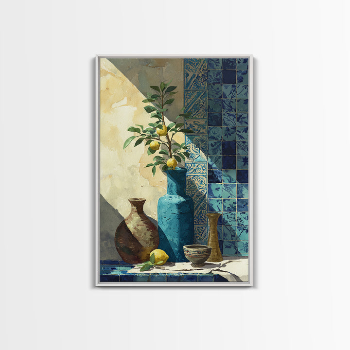 Lemon Branch in Blue Ceramic Vase Canvas Print, Italian Villa Art, Luxury Decor, Living Room Decor, Villa, Framed Wall Art, IVA-2x3-58