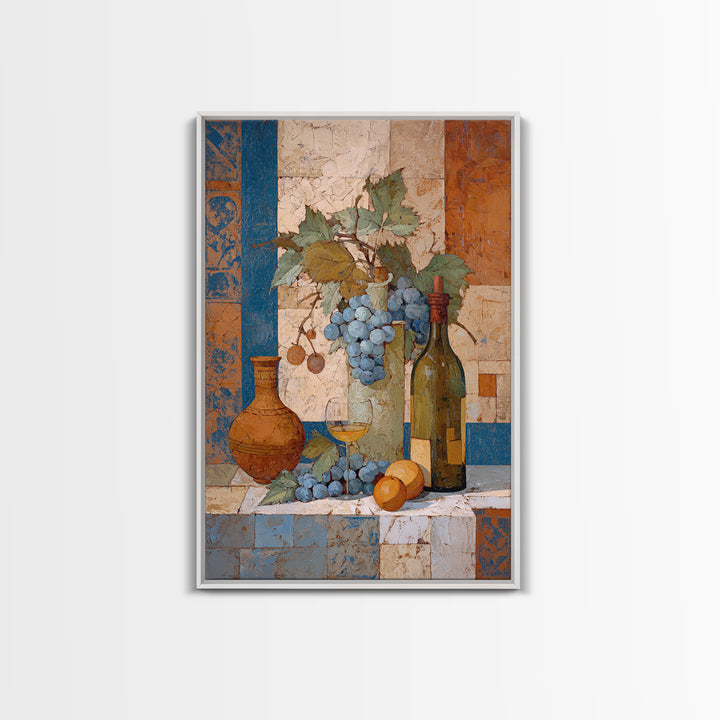 Grapevine and Wine Still Life on Linen Framed Canvas Print, Italian Villa Art, Digital Art Print, Living Room Decor, IVA-2x3-63