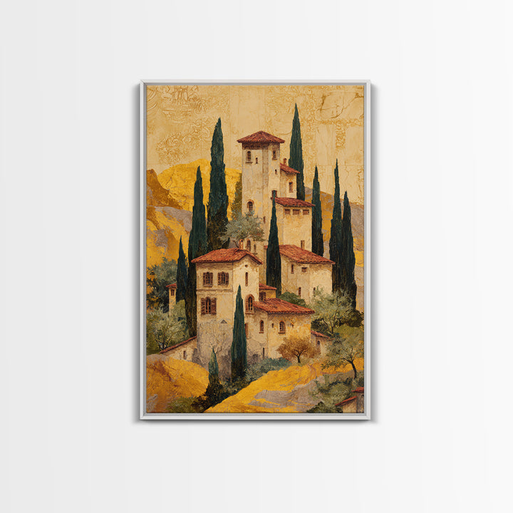 Tuscan Hillside with Cypress Trees and Golden Canvas Print, Italian Villa Art, Minimalist Decor, Living Room Decor, IVA-2x3-81