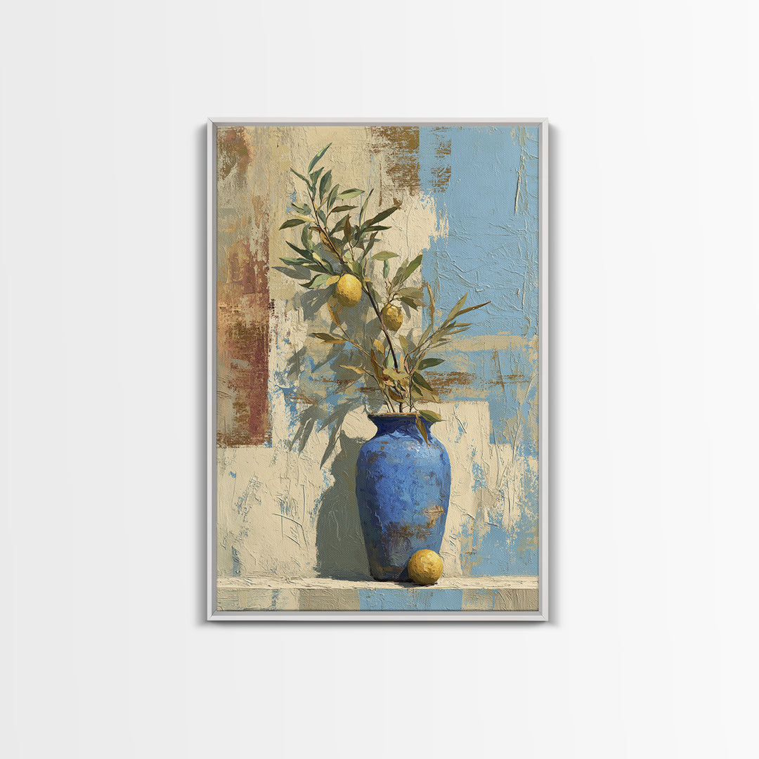 Lemon Branch in Blue Ceramic Vase Canvas Print, Italian Villa Art, Luxury Decor, Living Room Decor, Villa, Framed Wall Art, IVA-2x3-82