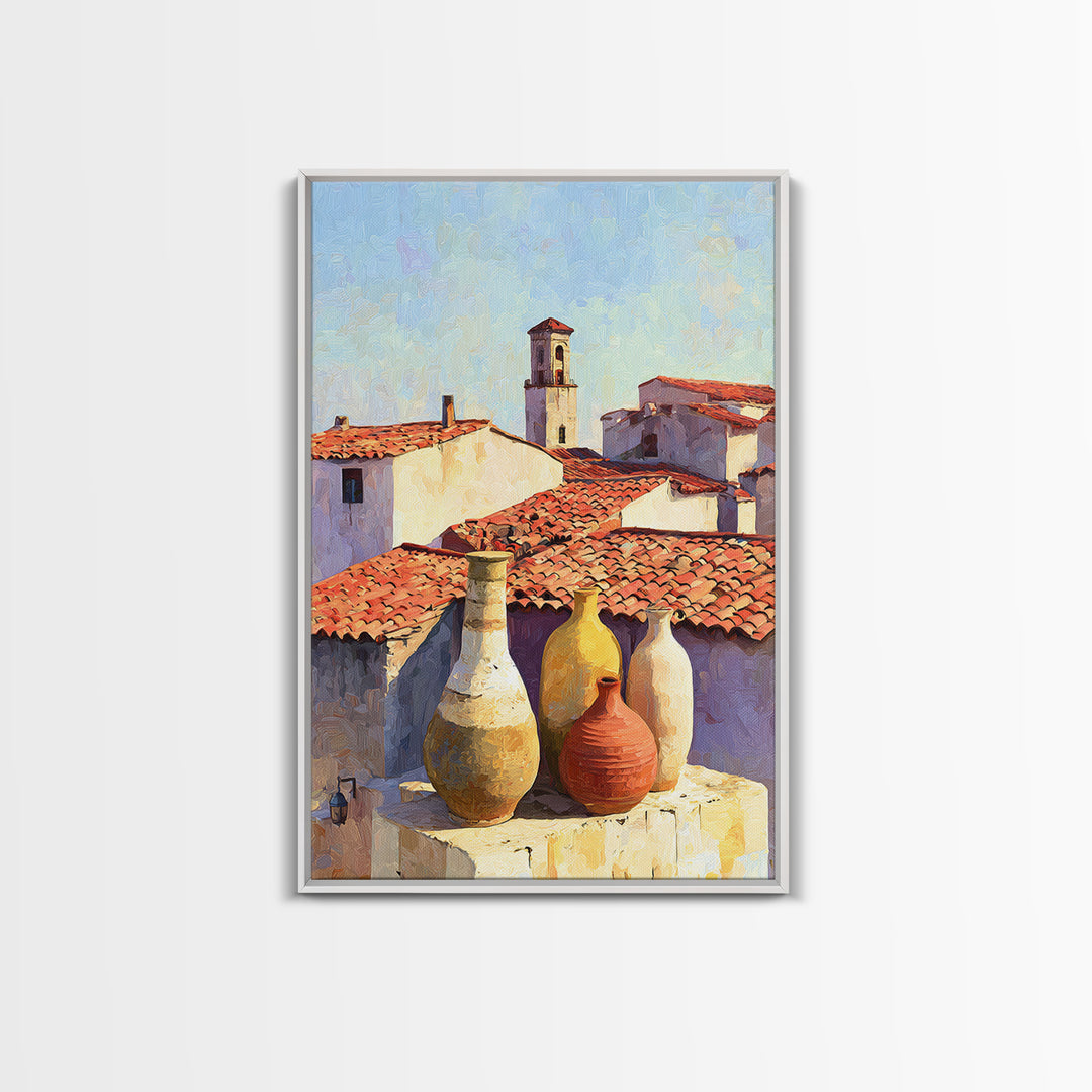 Terracotta Rooftops Against Pale Sky Framed Canvas Print, Italian Villa Art, Digital Wall Art, Living Room Decor, Villa, IVA-2x3-84