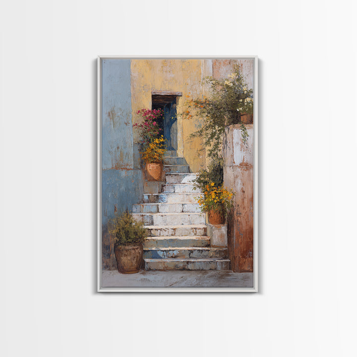 Sunlit Stone Stairway Canvas Print, Italian Villa Art, Luxury Decor, Living Room Decor, Fine Art, Villa, Framed Wall Art, IVA-2x3-91