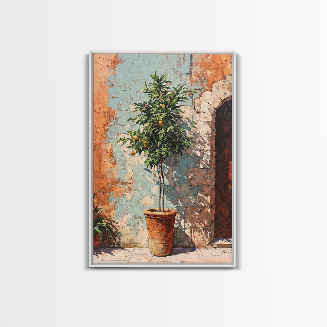 Orange Tree in a Courtyard Planter Framed Canvas Print, Italian Villa Art, Textured Painting, Living Room Decor, Villa, IVA-2x3-94