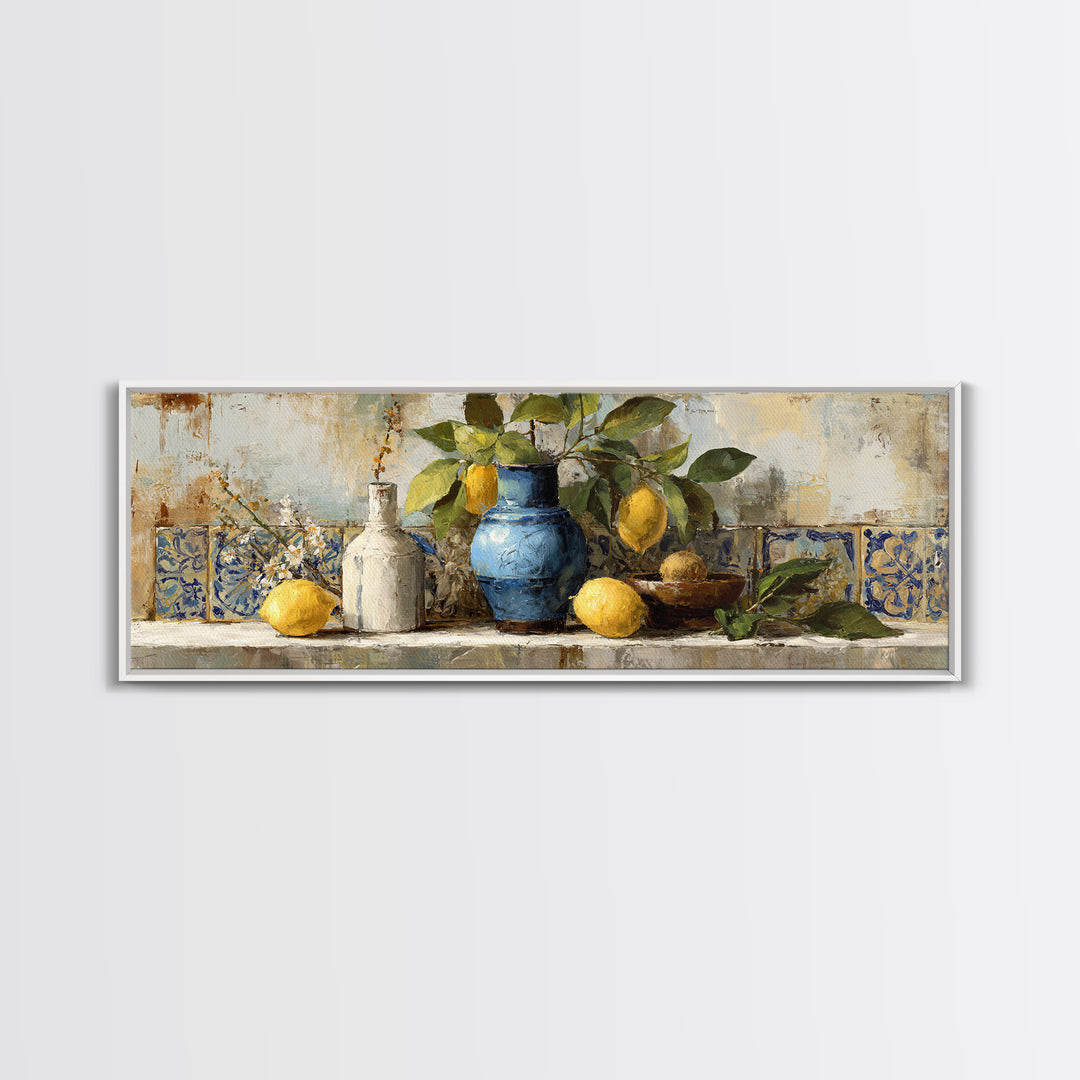 Lemon Branch in Blue Ceramic Vase Framed Canvas Print, Italian Villa Art, Living Room Decor, Watercolor Art, Villa, IVA-3x1-18